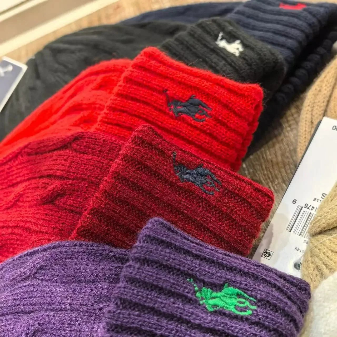 Polo Ralph Lauren Cable Knit Beanie Navy Blue with Red Pony - 7