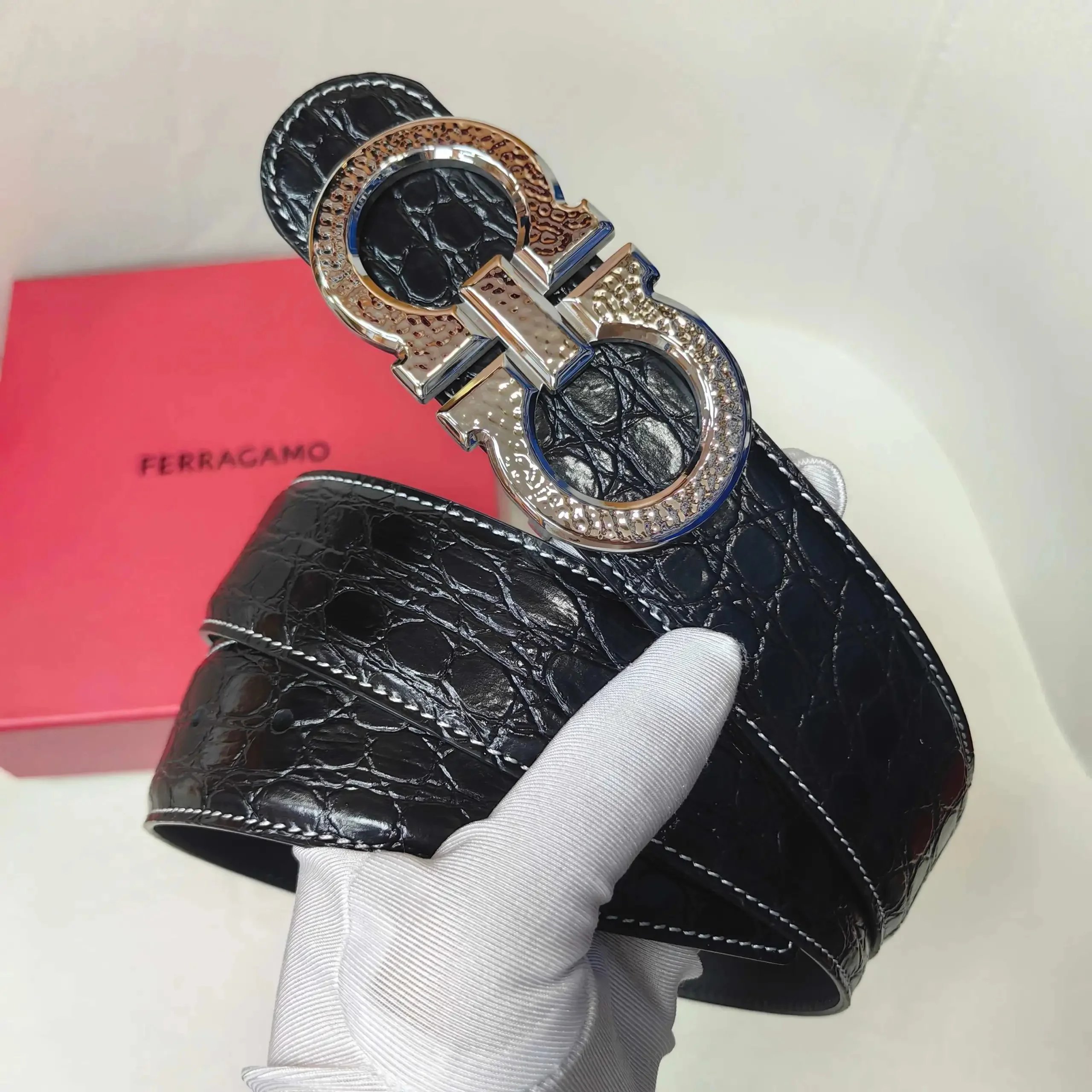 Ferragamo Black Croc-Effect Gancini-Buckle Belt - Belt Spreadsheet, Belt Finds, Belt Picks, Accessory Finds