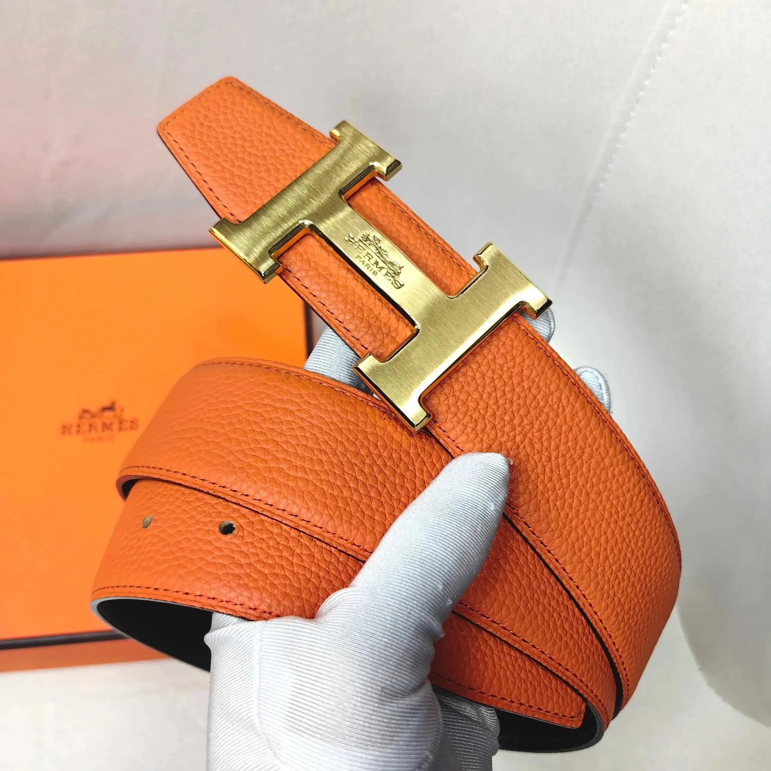 Hermes Orange Textured H-Buckle Belt - Belt Spreadsheet, Belt List, Belt Picks, Accessory Finds, Belt Finds - 145549