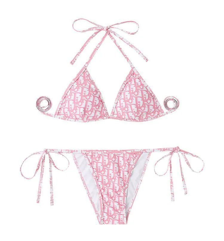 Dior Oblique Print Red and White Triangle Bikini Set - 12