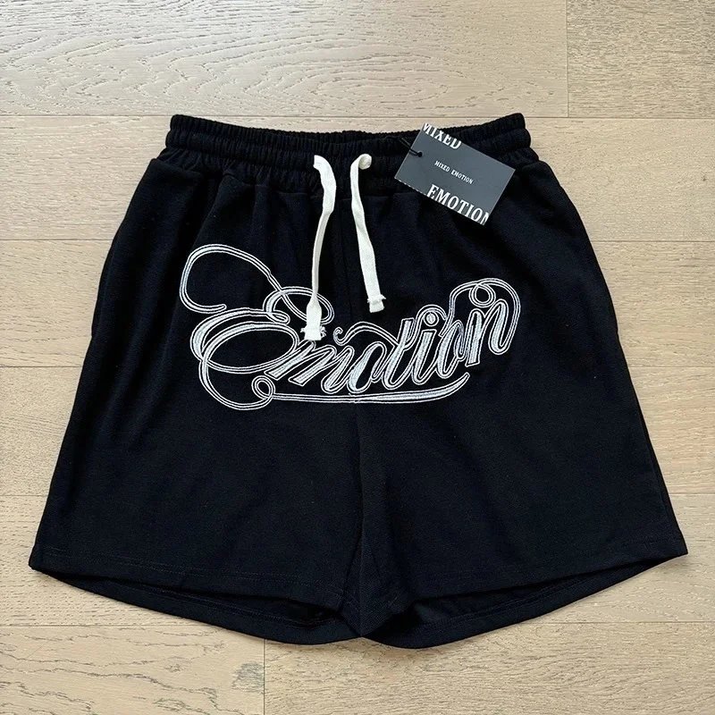 Mixed Emotion Shorts Drawstring Rhinestone Graphic — X0020 Black