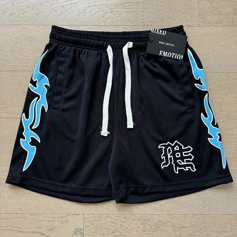 Mixed Emotion Shorts Drawstring Rhinestone Graphic — X0025 black and blue