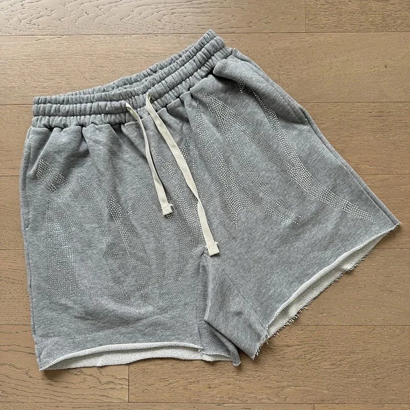 Mixed Emotion Shorts Drawstring Rhinestone Graphic — X0018 gray