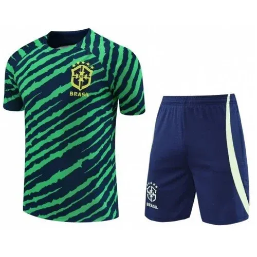 CBF Brazil Training Jersey and Shorts Set Green Navy Striped Activewear - 1