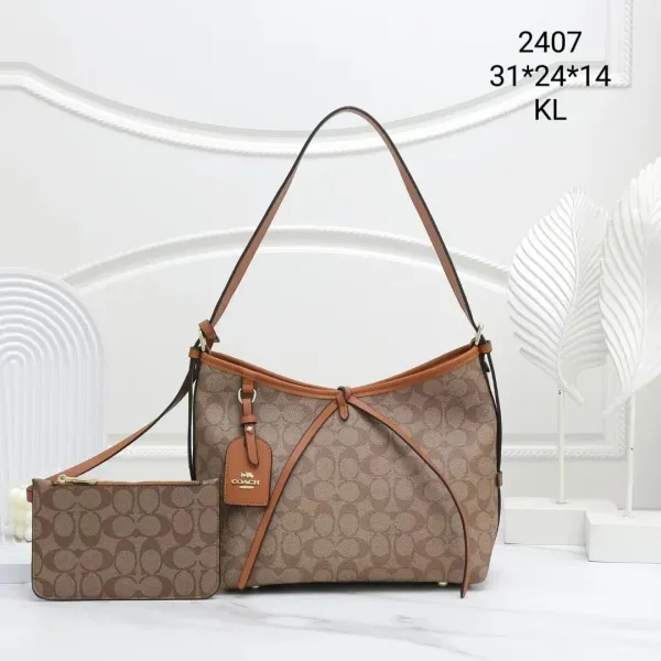Coach Signature Canvas Hobo Bag with Leather Trim in Brown Beige - 1