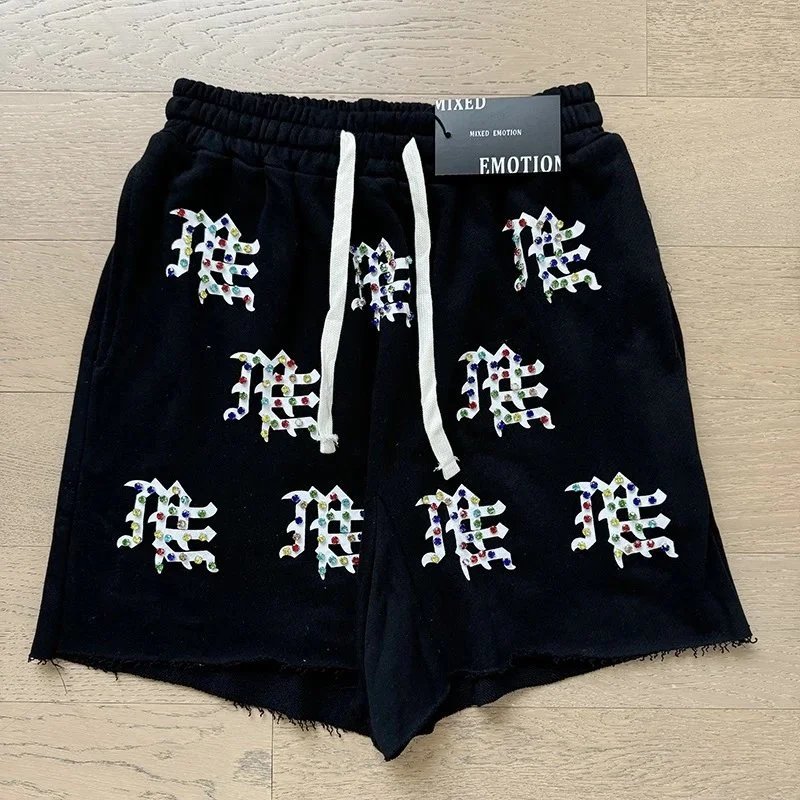 Mixed Emotion Shorts Drawstring Rhinestone Graphic — X0017 black