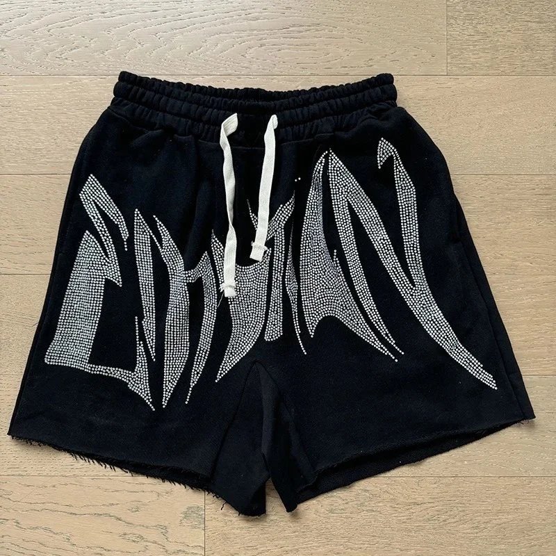 Mixed Emotion Shorts Drawstring Rhinestone Graphic — X0018 black