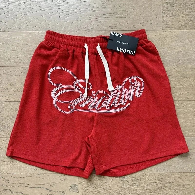 Mixed Emotion Shorts Drawstring Rhinestone Graphic — X0020 red