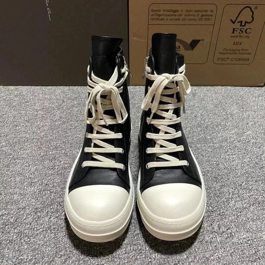 Rick Owens Leather High-Top Sneakers in Black and Milk product photo 3