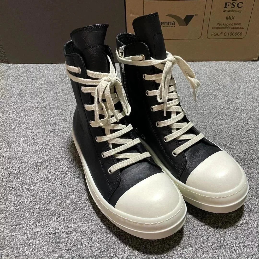 Rick Owens Leather High-Top Sneakers in Black and Milk product photo 4