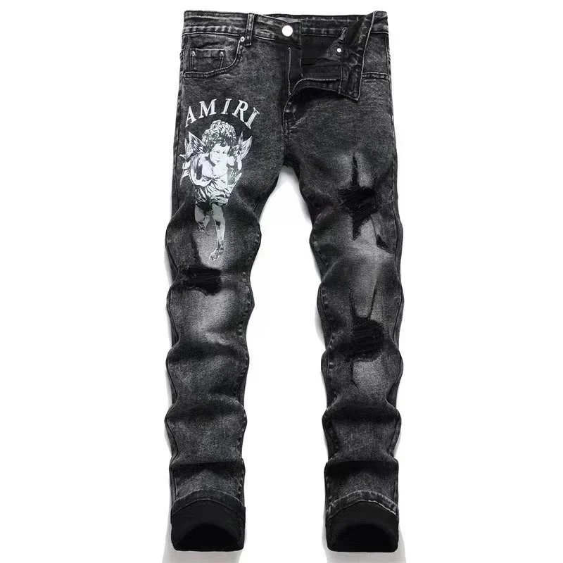 AMIRI Black Distressed Denim Jeans with Cherub Graphic