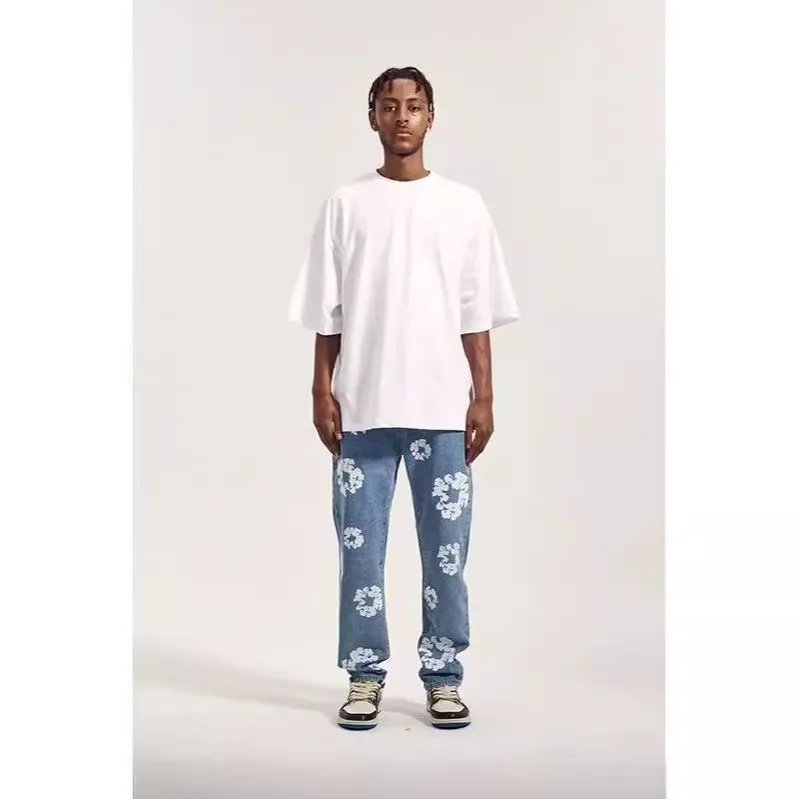 木dto复古水洗木棉花印花牛仔裤宽松休闲直筒裤子