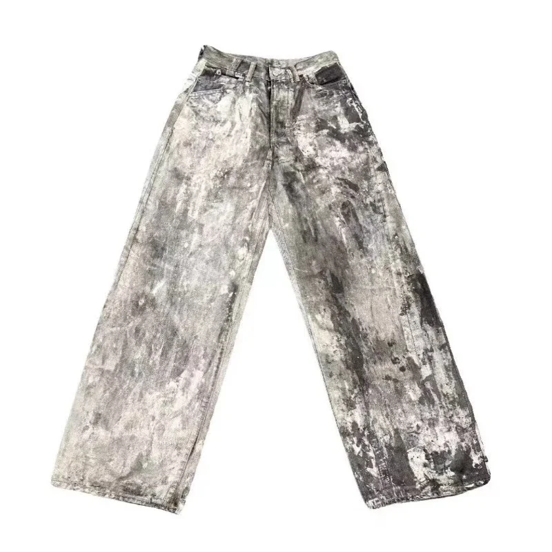 3D Digital Ink-Splatter Print Distressed Loose-Fit Straight-Leg Jeans