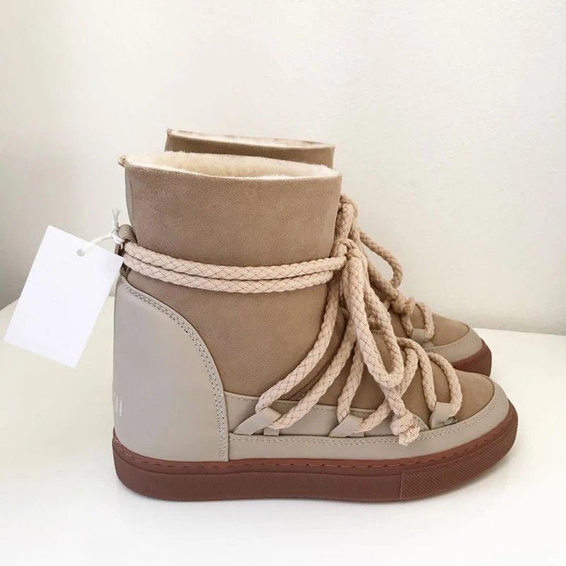 2024秋冬新款绑带设计西部靴复古小众皮毛一体绑带增高厚底靴子 2
