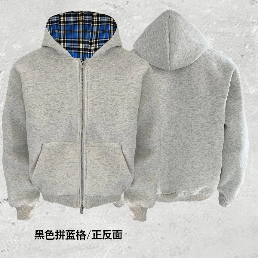 DerSchutze Zip Hoodie — White flower gray blue plaid [plus velvet thickening】 colorway — USFans Spreadsheet photo