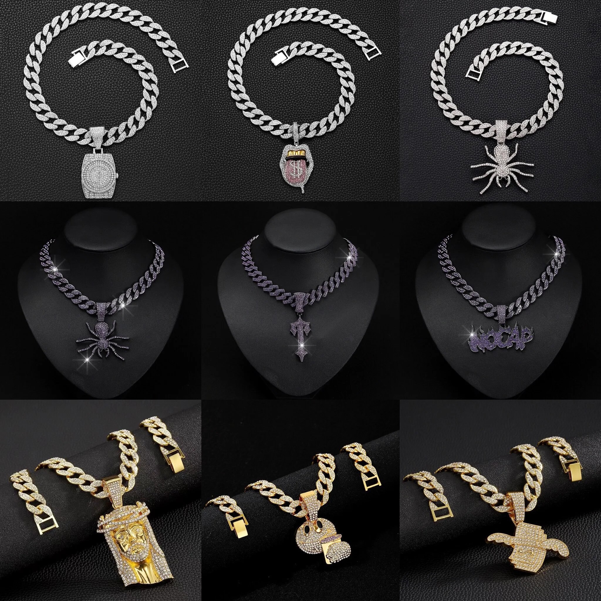 Hip-hop necklace, Cuban chain, men’s rap jewelry with sparkling diamonds