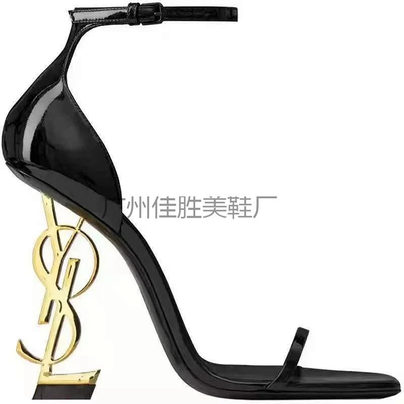 Women's Strappy Stiletto Sandals with Metal Letter Buckle, Open Toe High Heels