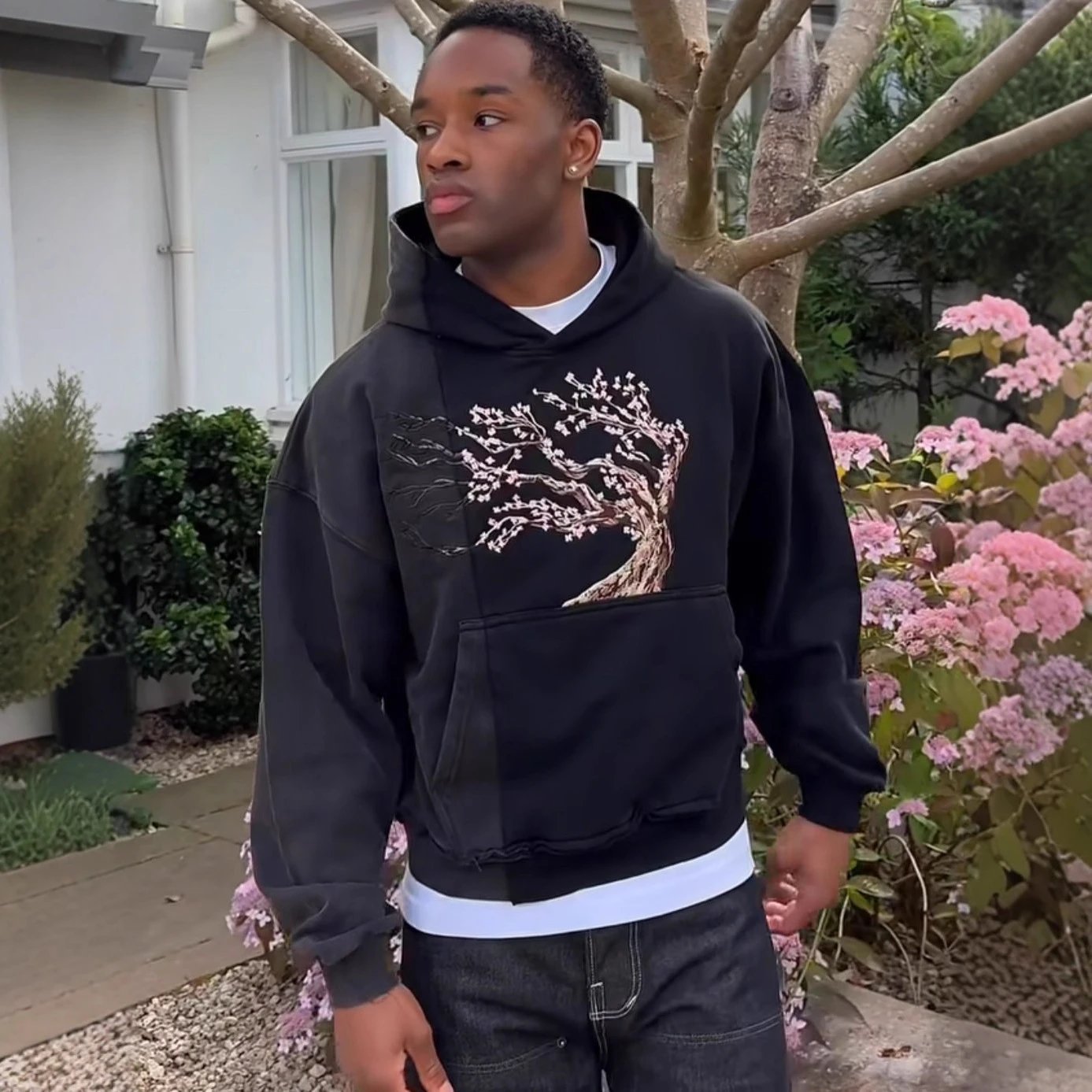 欧美花朵刺绣时尚拼接个性街头休闲潮流连帽卫衣套头百搭上衣 4