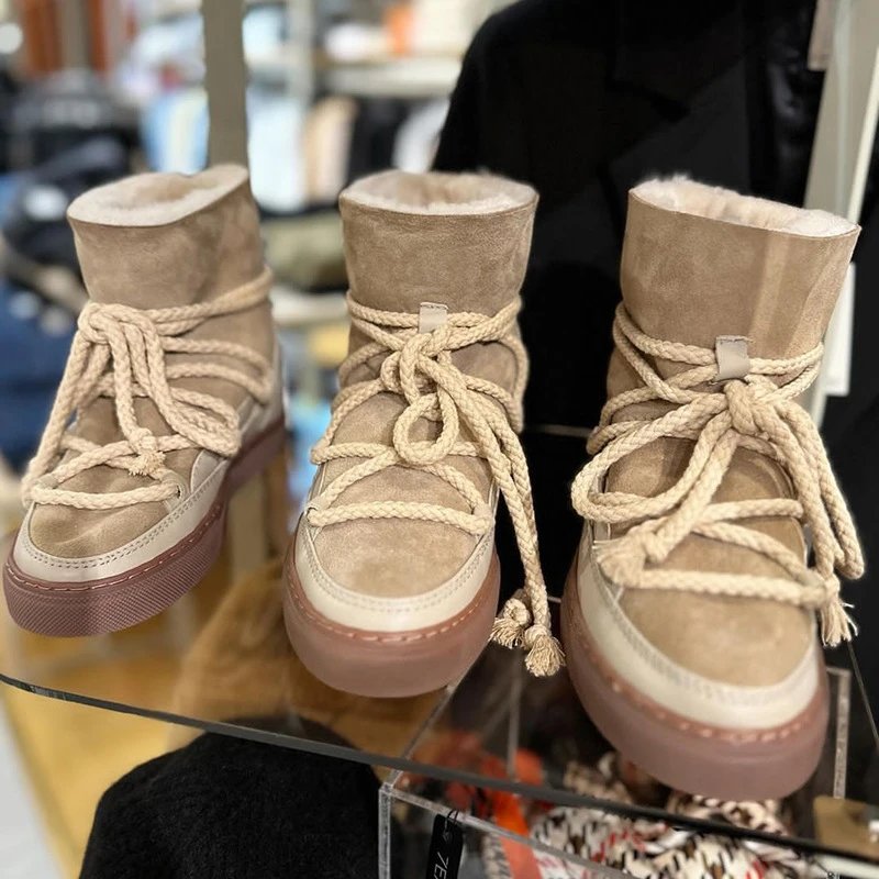 2024秋冬新款绑带设计西部靴复古小众皮毛一体绑带增高厚底靴子 4