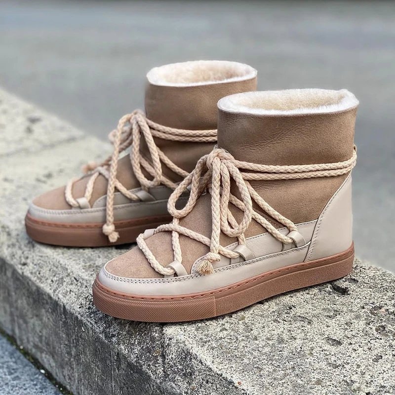2024秋冬新款绑带设计西部靴复古小众皮毛一体绑带增高厚底靴子 1