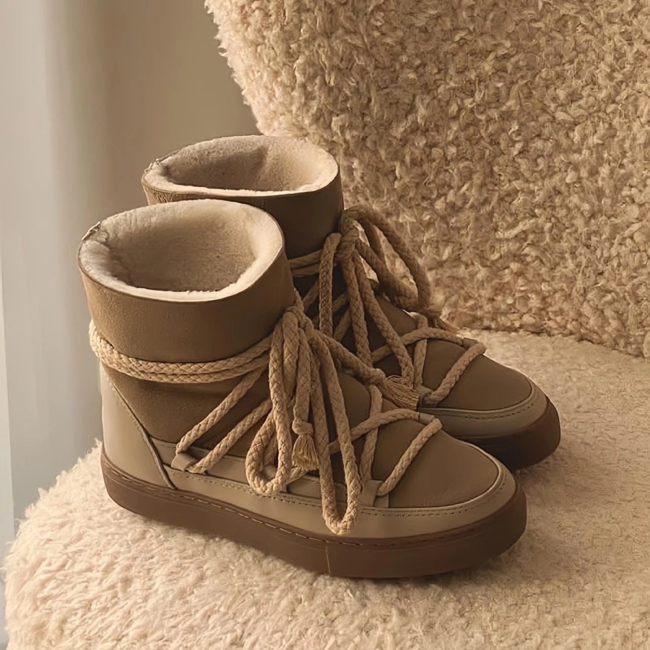 2024秋冬新款绑带设计西部靴复古小众皮毛一体绑带增高厚底靴子 3