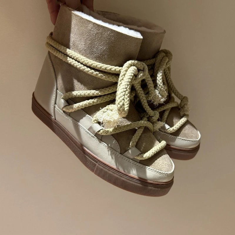2024秋冬新款绑带设计西部靴复古小众皮毛一体绑带增高厚底靴子 5