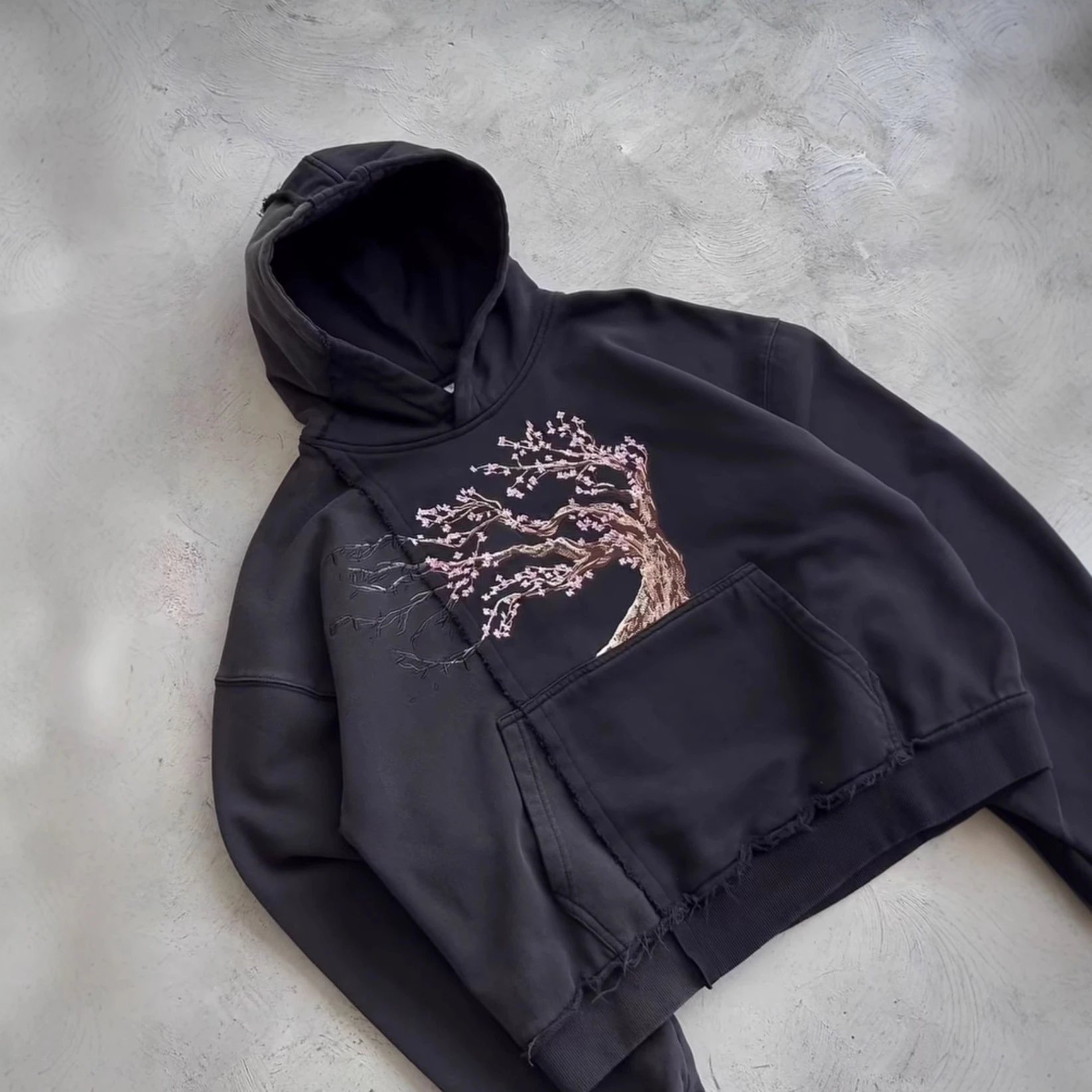 欧美花朵刺绣时尚拼接个性街头休闲潮流连帽卫衣套头百搭上衣