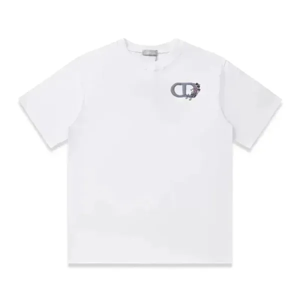 Dior CD Logo Floral Embroidery White T-Shirt - 1