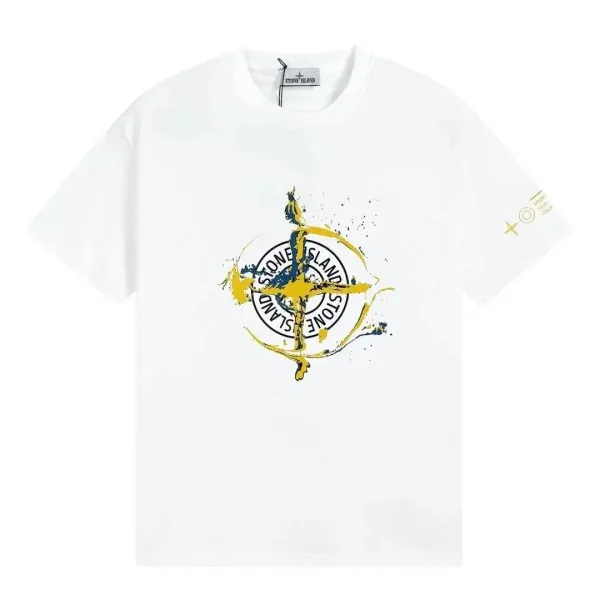 Stone Island Paint Splatter Compass Logo White T-Shirt - 1