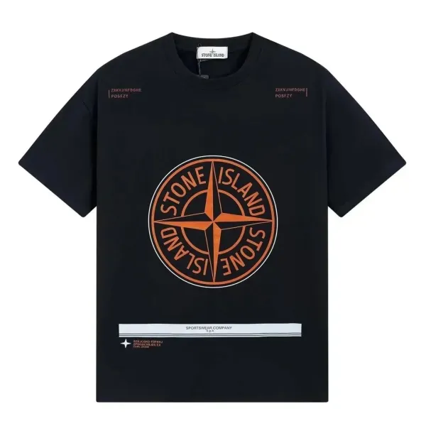 Stone Island Compass Logo Orange Print Black T-Shirt - 1
