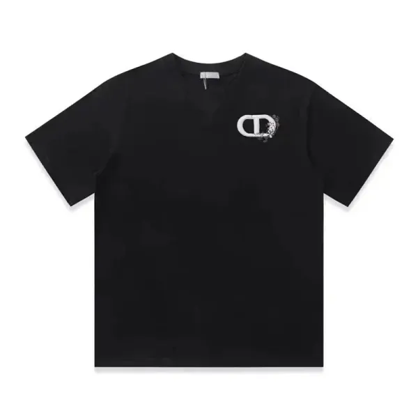Dior CD Logo Floral Print Black T-Shirt - 1