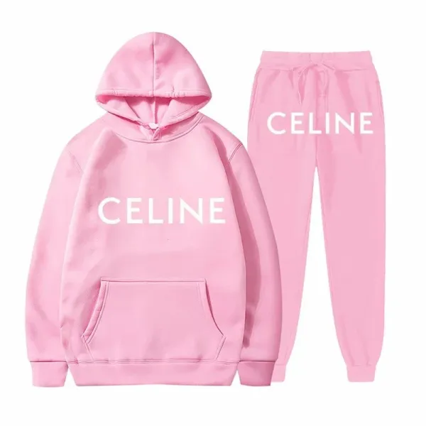 Celine Logo Print Pink Hoodie and Sweatpants Set - 1