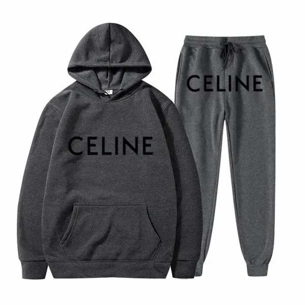 Celine Logo Hoodie and Sweatpants Set Charcoal Gray Tracksuit - 1