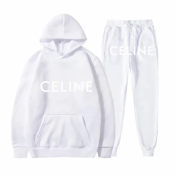 Celine Logo Print White Hoodie and Sweatpants Set - 1