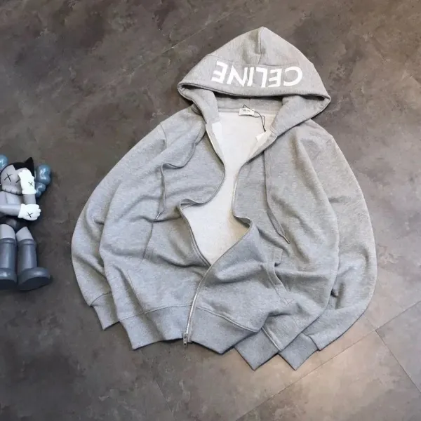 Celine Logo Hoodie Gray Zip-Up Hoodie - 1
