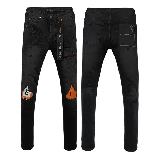 Purple Brand Distressed Black Jeans with Orange Patch Detail - 1