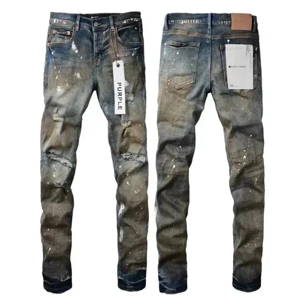 Purple x Unknown Artist Distressed Paint-Splatter Slim Fit Jeans - 1