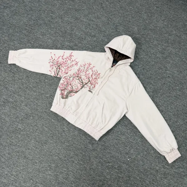 Design Cherry Blossom Print Hooded Jacket White Outerwear - 1