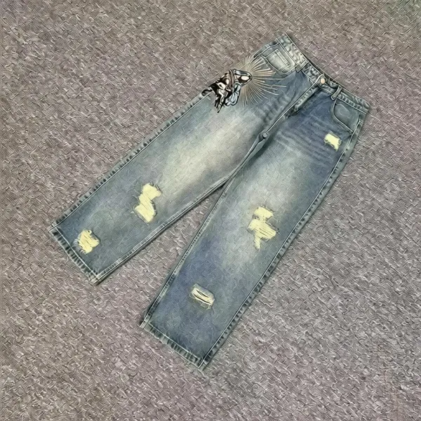 Design Distressed Wide-Leg Jeans with Embroidered Graphic Blue Jeans - 1