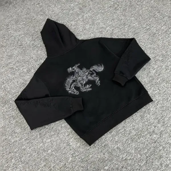 Design Embroidered Horse Motif Black Hoodie - 1