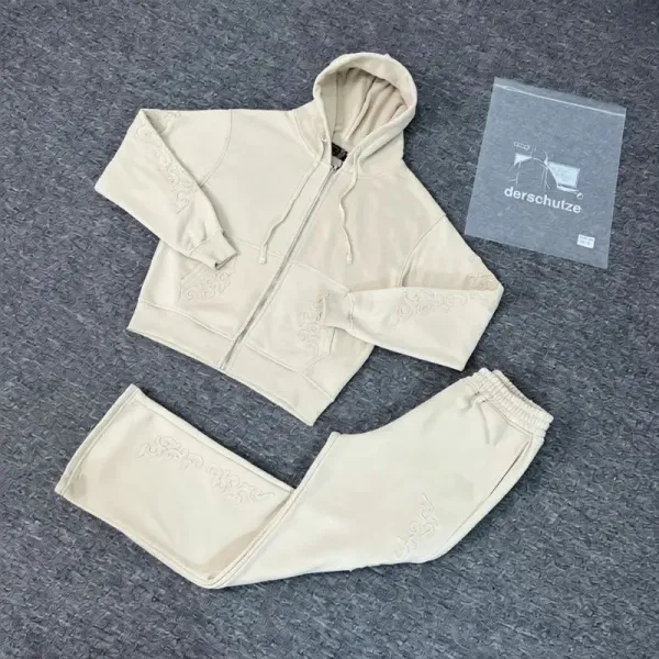 Design Derschutze Embroidered Beige Zip-Up Hoodie and Sweatpants Set Sets - 1