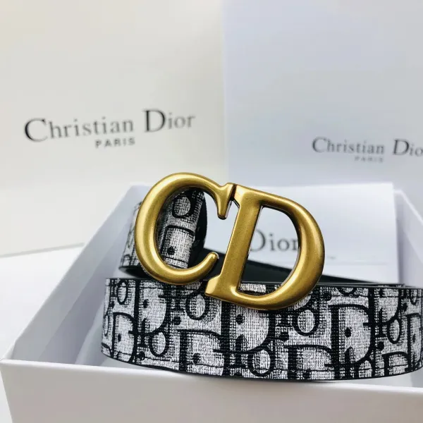 Dior CD Oblique Print Belt Black and White with Gold-Tone Buckle - 5