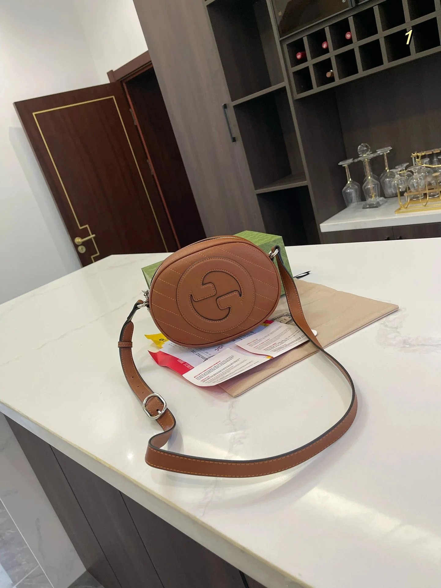 Gucci GG Marmont Mini Shoulder Bag Beige Canvas with Brown Leather Trim - 38
