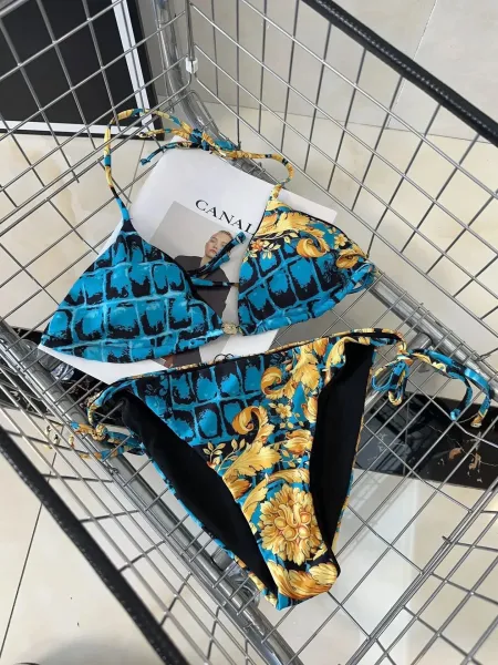 Versace Iconic Greca Pattern Blue Yellow Triangle Bikini Set - 33