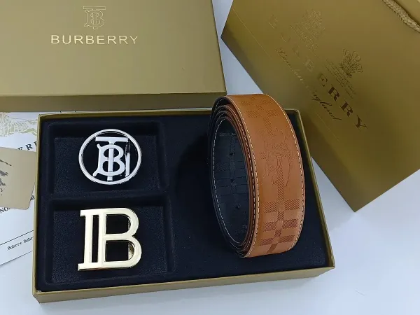 Burberry TB Monogram Leather Belt with Interchangeable Buckles Tan - 2