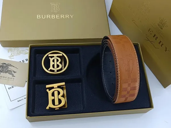 Burberry TB Monogram Leather Belt with Interchangeable Buckles Tan - 10