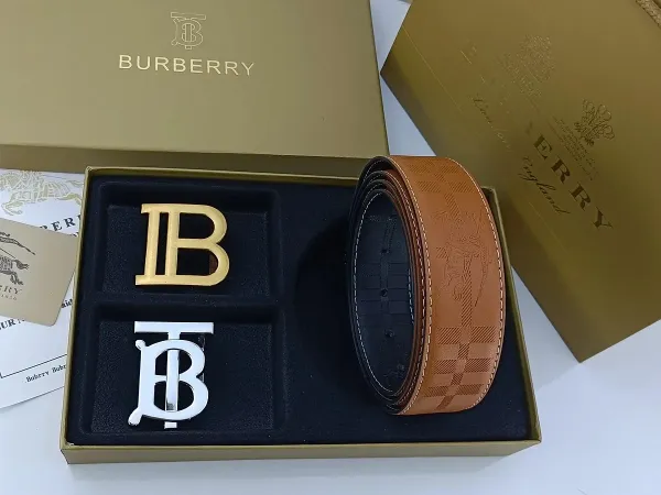 Burberry TB Monogram Leather Belt with Interchangeable Buckles Tan - 17