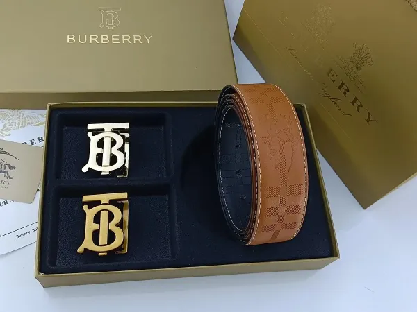 Burberry TB Monogram Leather Belt with Interchangeable Buckles Tan - 27