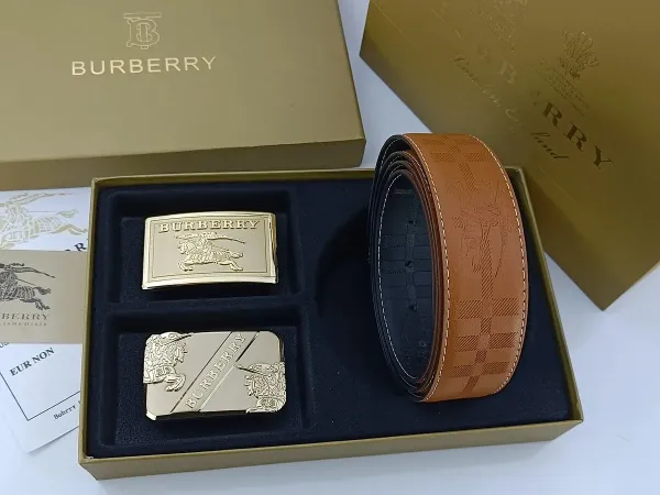 Burberry Classic Check Leather Belt with Interchangeable Buckles Tan Leather Belt - 5