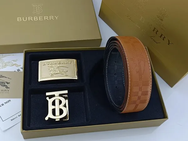 Burberry Classic Check Leather Belt with Interchangeable Buckles Tan Leather Belt - 15